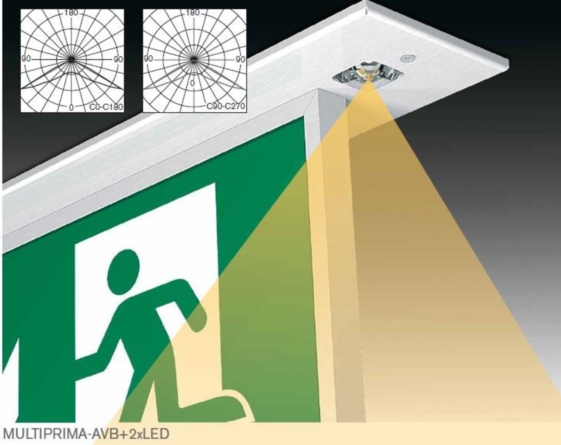 SEC Velké nouzové LED svítidlo s možností osvětlení podlahy C.PRIMALUX-AVB+ 2 x LED 24V AC/DC, 18 x LED + 2 x LED, 100 lm, neadresovatelný CBS 295-B-423-00-00-00-SP