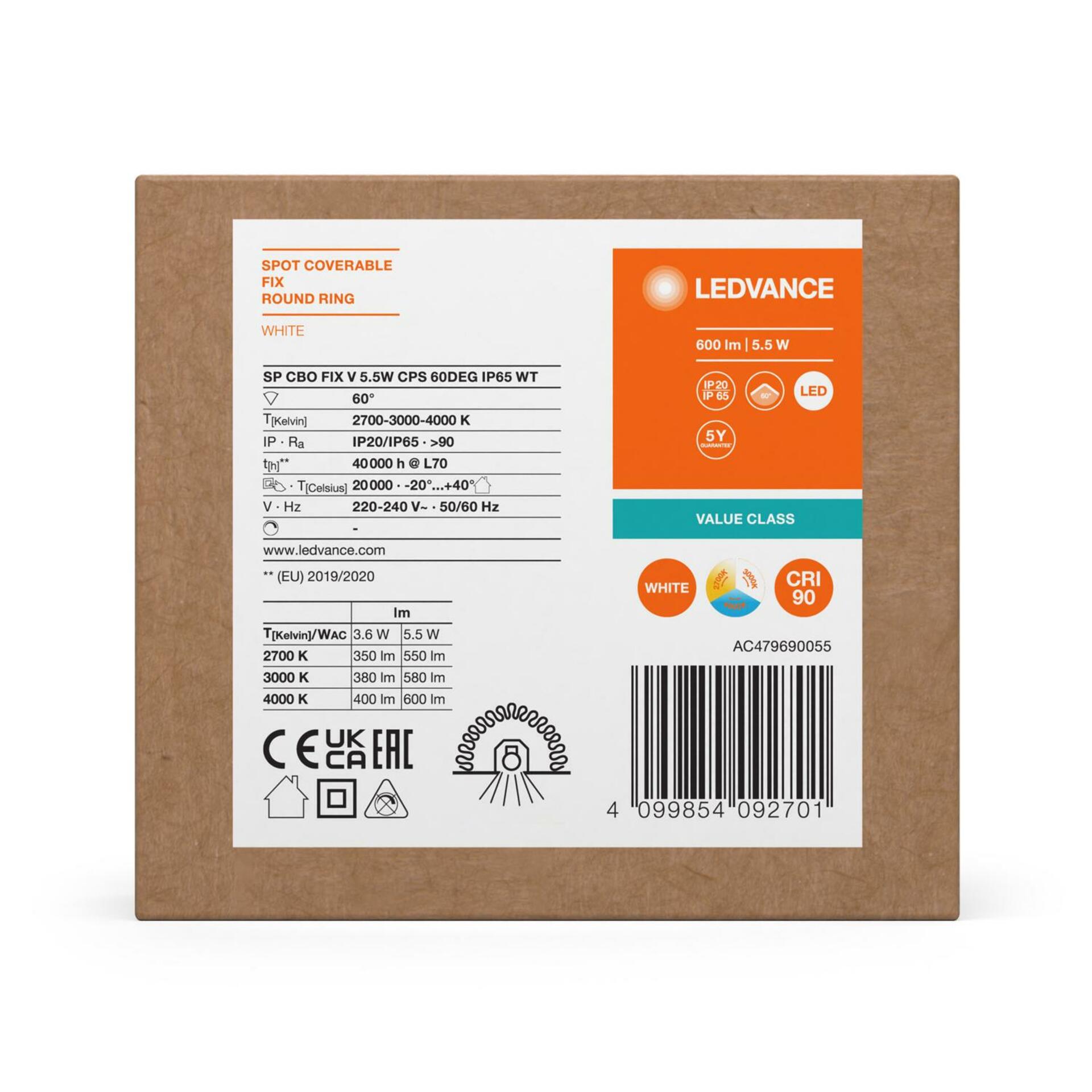 OSRAM LEDVANCE zapuštěné LED svítidlo SP CBO FIX V 5.5W CPS 60DEG IP65 WT 4099854092701