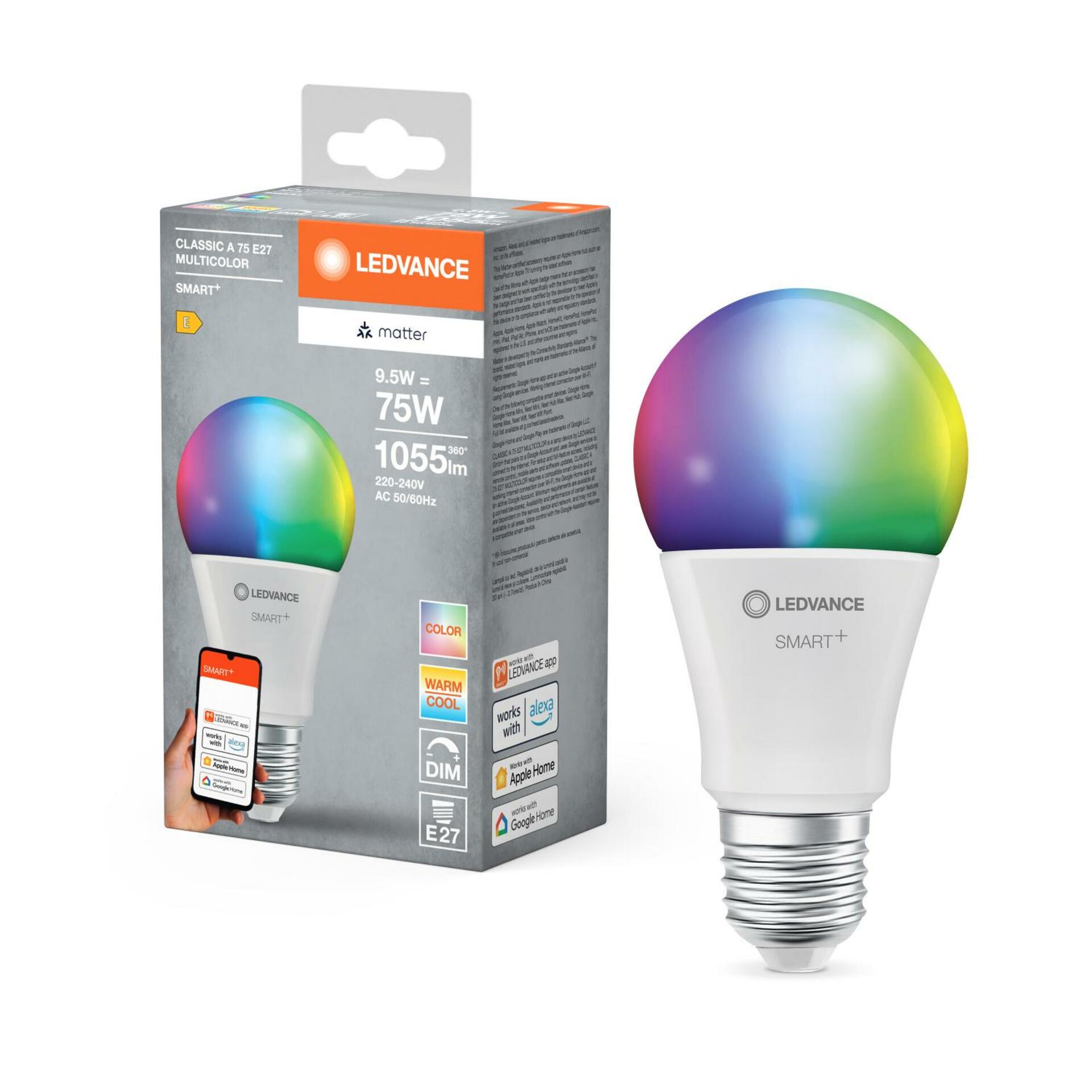 OSRAM LEDVANCE SMART+ MATTER RGB Classic A75 9.5W 827-865 Multicolor E27 4099854194849