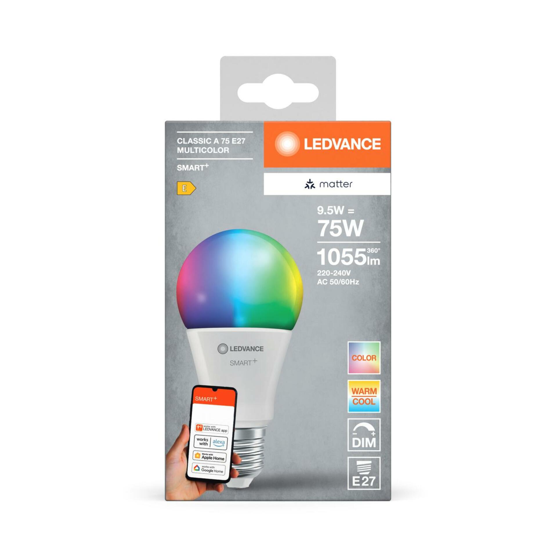 OSRAM LEDVANCE SMART+ MATTER RGB Classic A75 9.5W 827-865 Multicolor E27 4099854194849