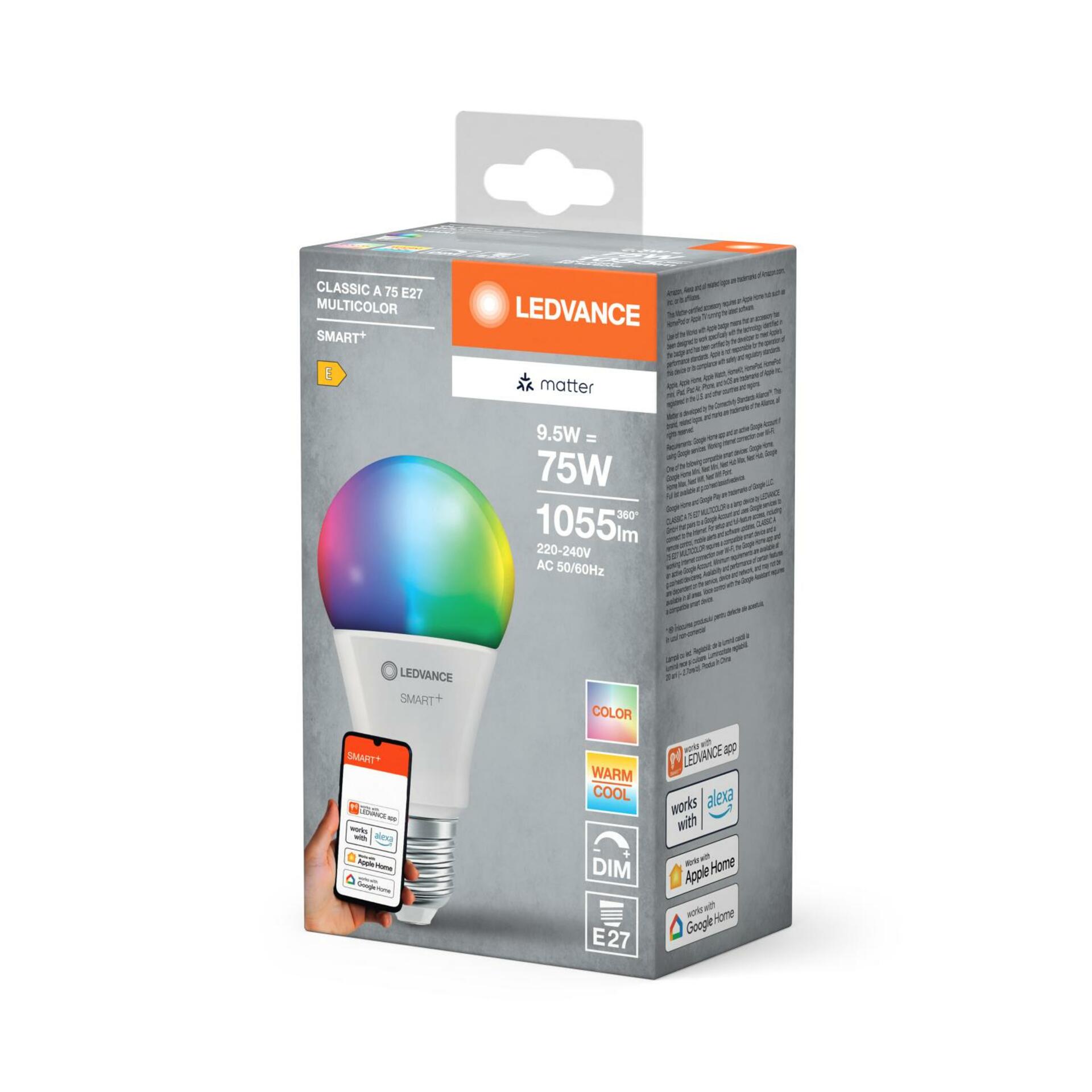 OSRAM LEDVANCE SMART+ MATTER RGB Classic A75 9.5W 827-865 Multicolor E27 4099854194849