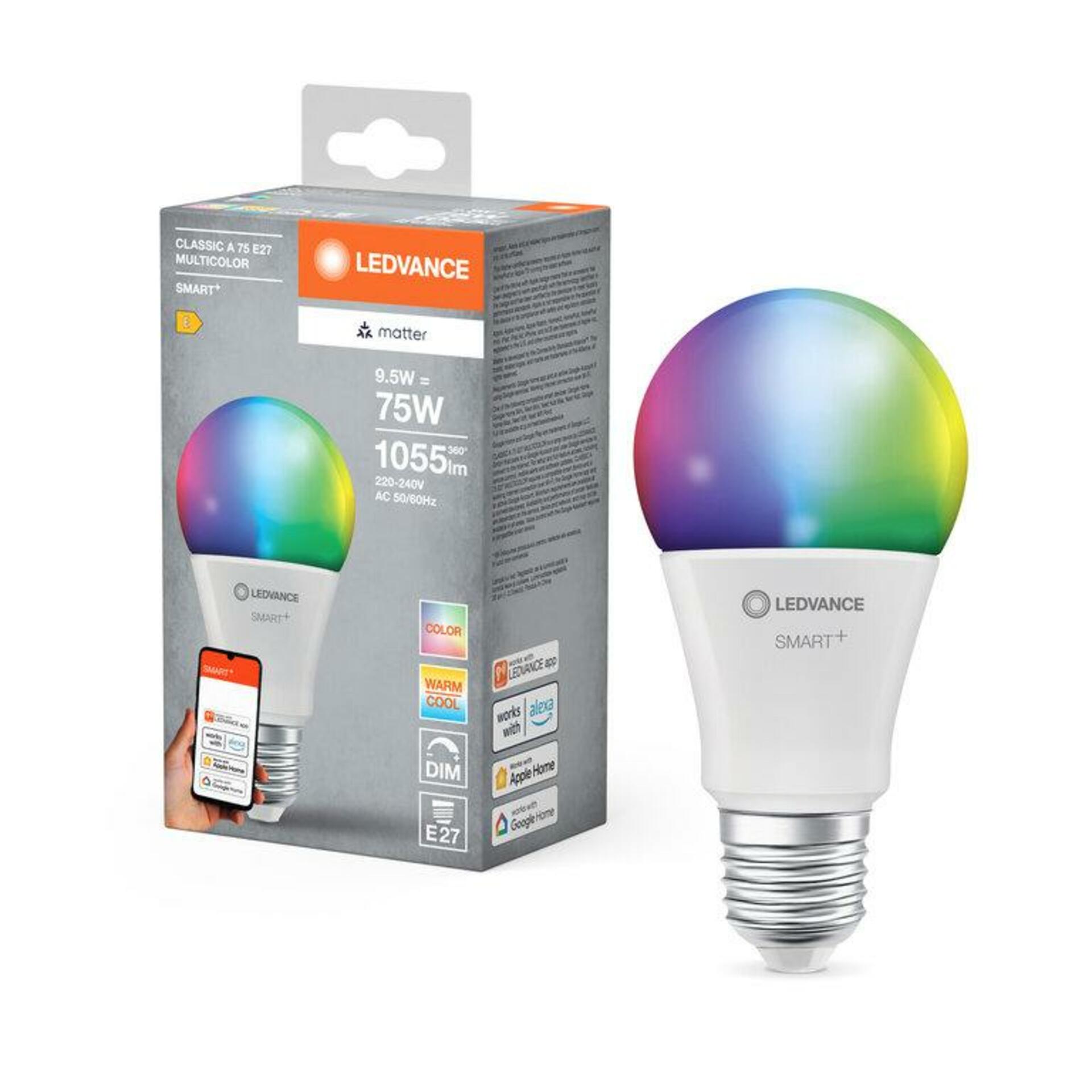 OSRAM LEDVANCE SMART+ MATTER RGB Classic A75 9.5W 827-865 Multicolor E27 4099854194849