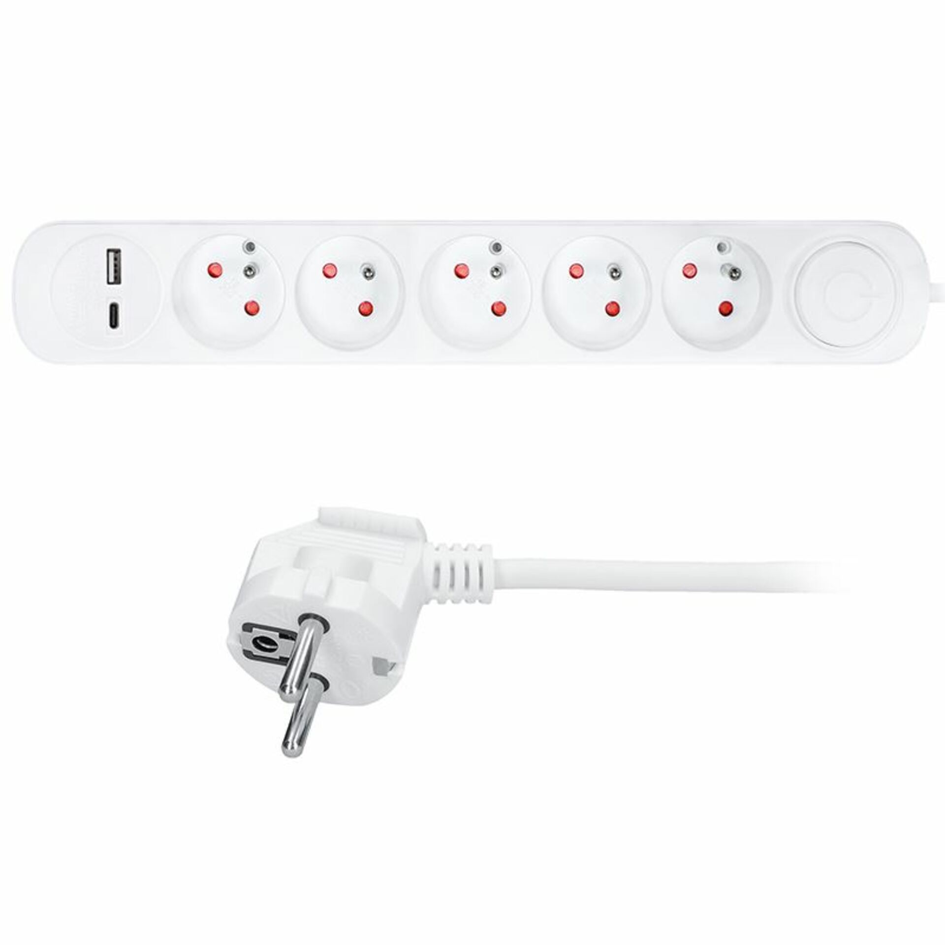 Solight prodlužovací přívod 5 zásuvek, USB A+C nabíječka 12W, 3m, 3 x 1mm2, bílý, vypínač PP152USBC