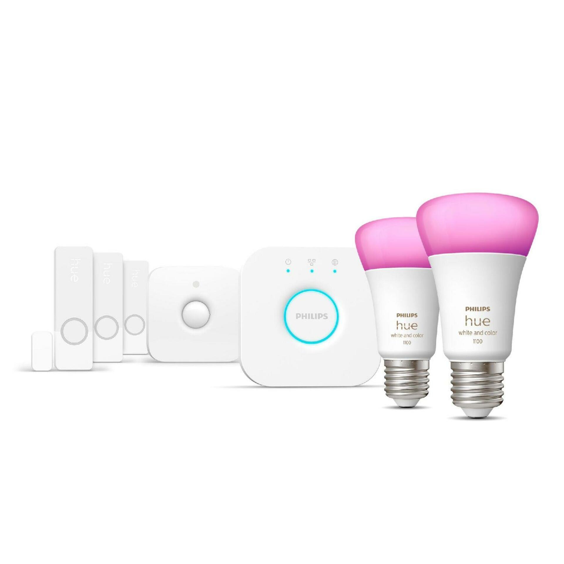 Levně Philips HUE Secure základní sada - 2x E27 9W 1100lm 2000-6500K RGB + Bridge + pohybový senzor + 3x okenní senzor