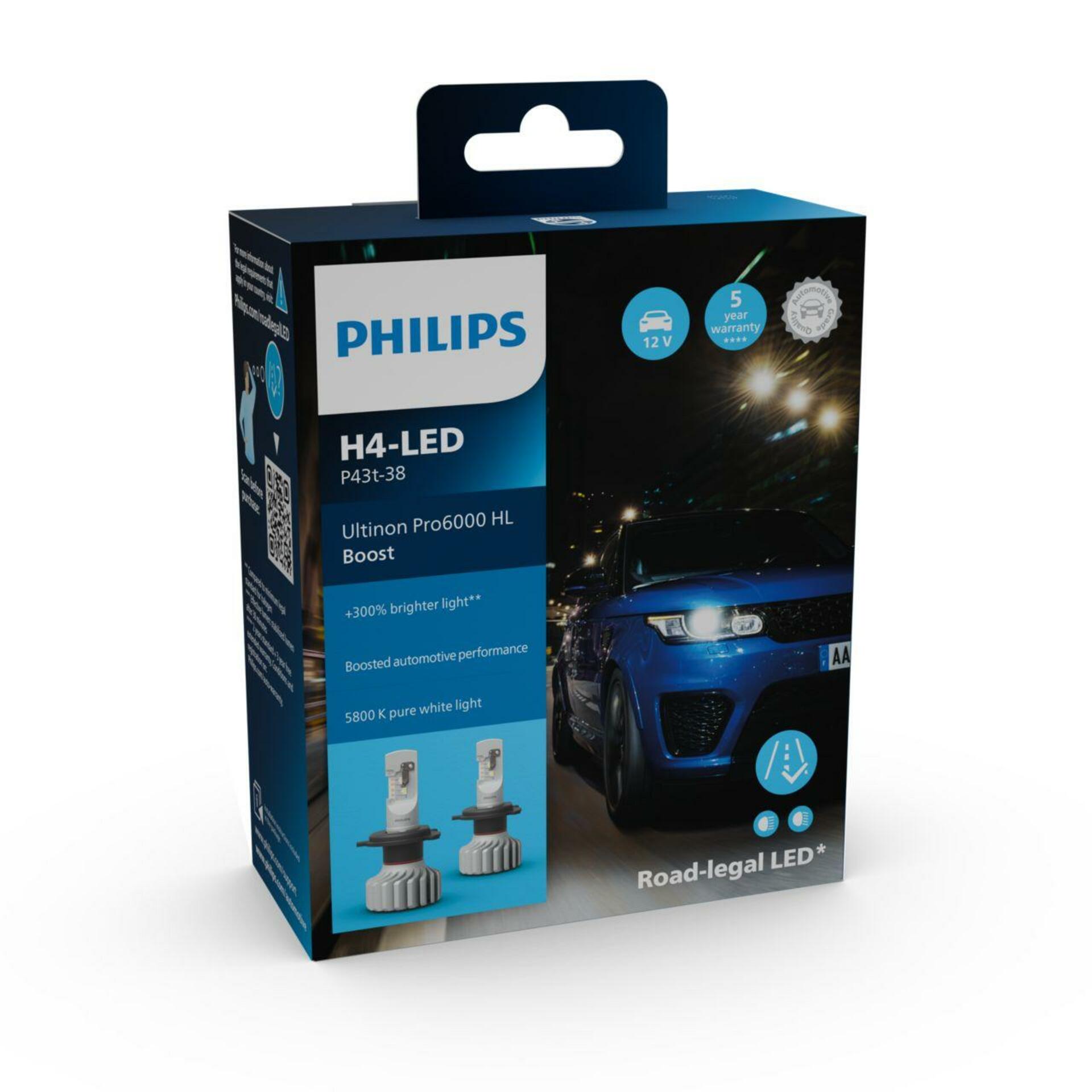 Philips LED H4 12V 18W Ultinon Pro6000 Boost 5800K +300% homologace Německo 2ks 11342U60BX2