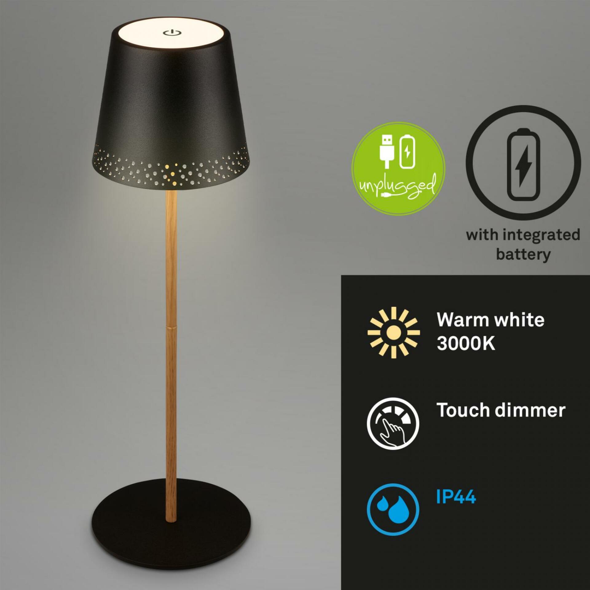 BRILONER LED nabíjecí stolní lampa 38 cm 2,6 W 280lm černá-dřevo IP44 BRILO 7438-114