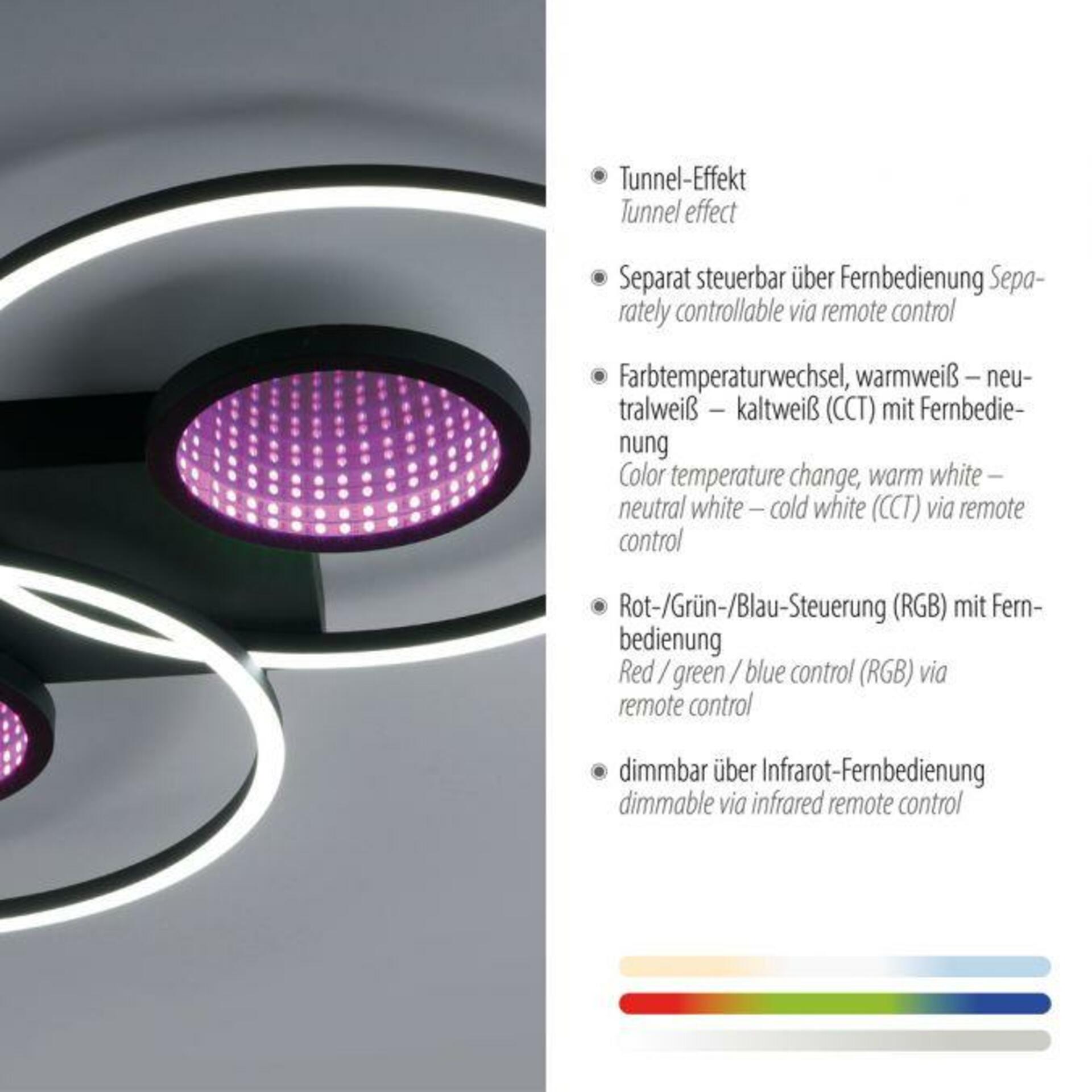 LEUCHTEN DIREKT is JUST LIGHT LED stropní svítidlo černé s RGB efekty, CCT stmívatelné s dálkovým ovládáním 3000-6500K LD 15160-18