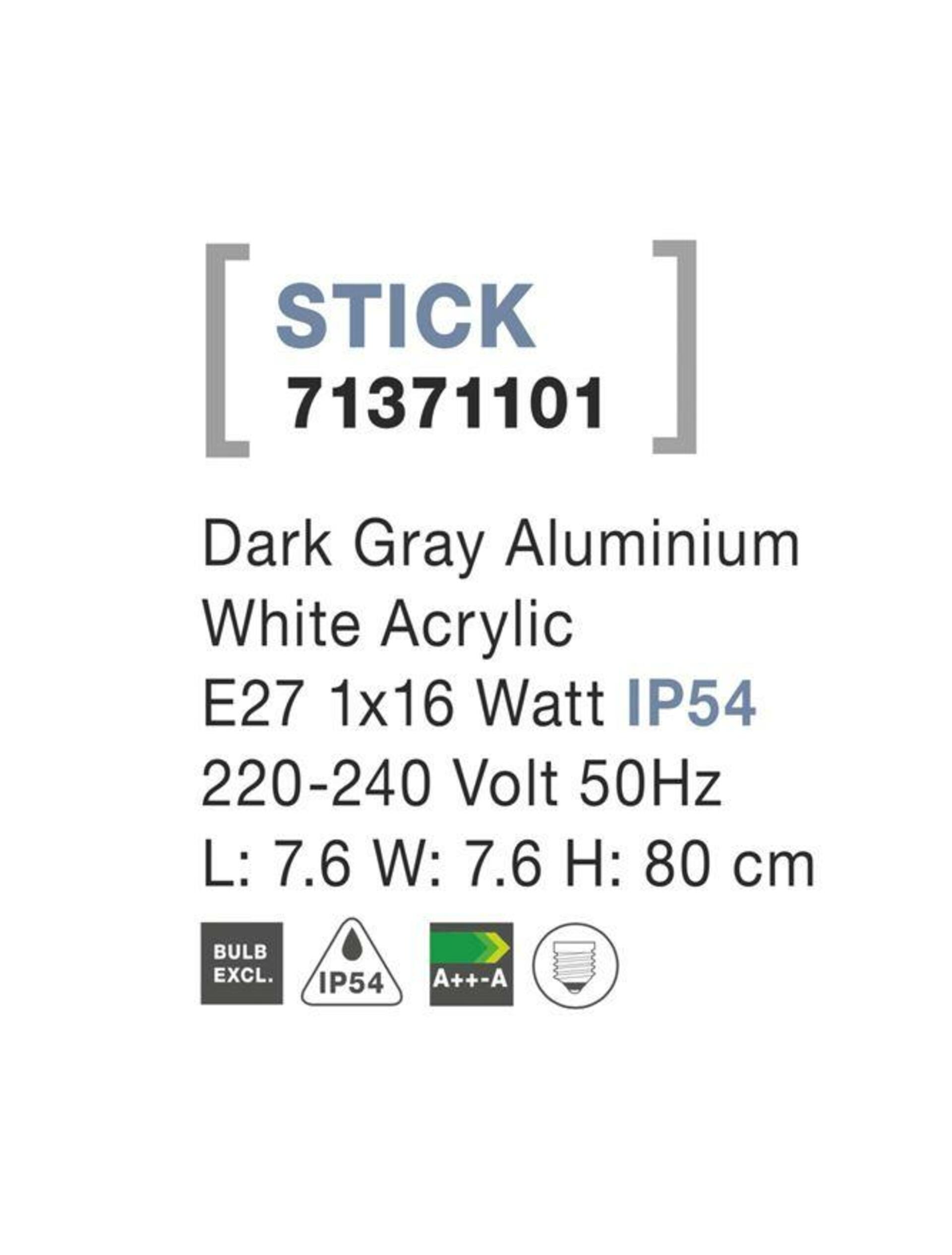 NOVA LUCE venkovní sloupkové svítidlo STICK tmavě šedý hliník bílý akryl E27 1x12W 220-240V IP54 bez žárovky 71371101