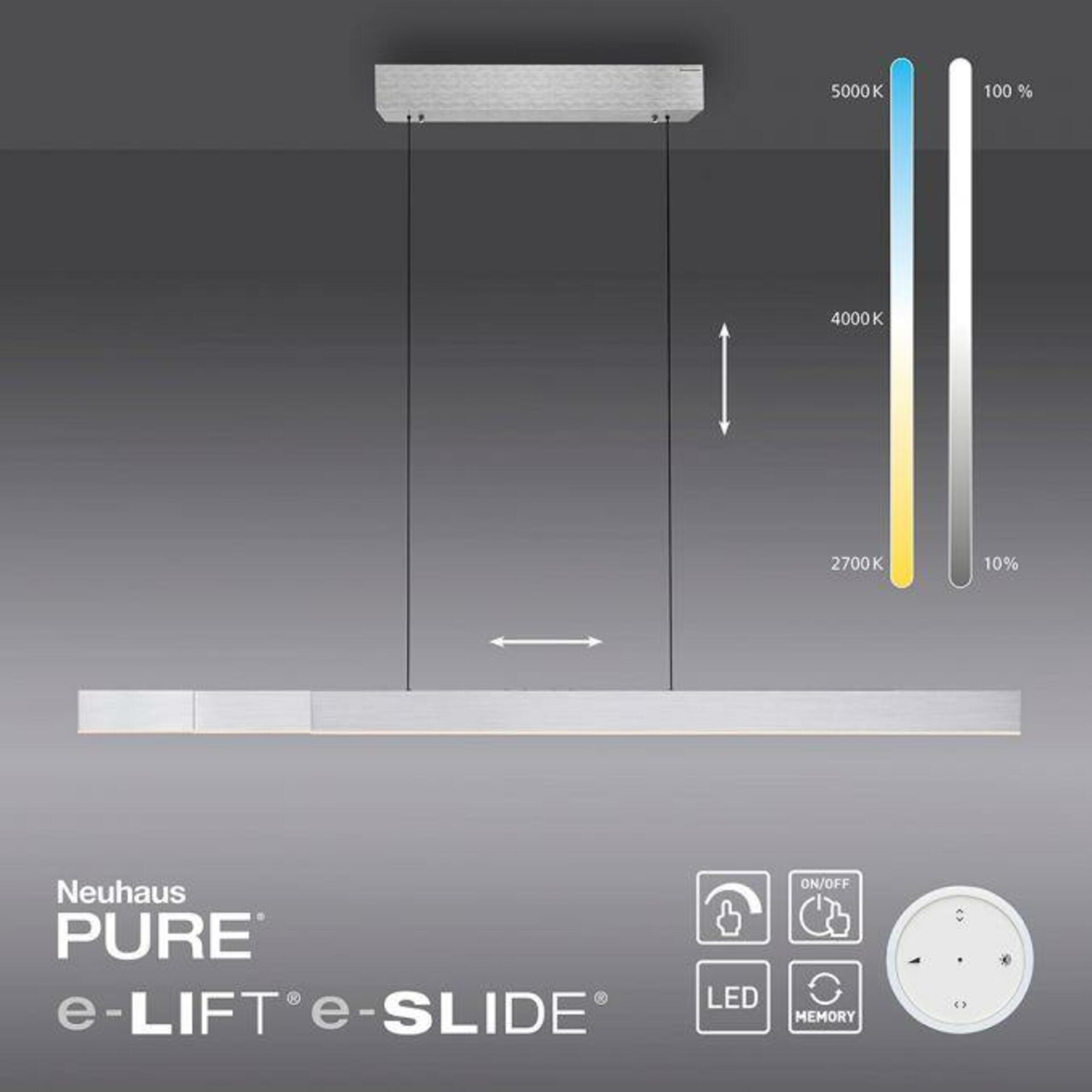 PAUL NEUHAUS LED závěsné svítidlo PURE-MOTO-RISE hliník elektricky nastavitelná výška, dotykový vypínač 2700-5000K PN 2545-95