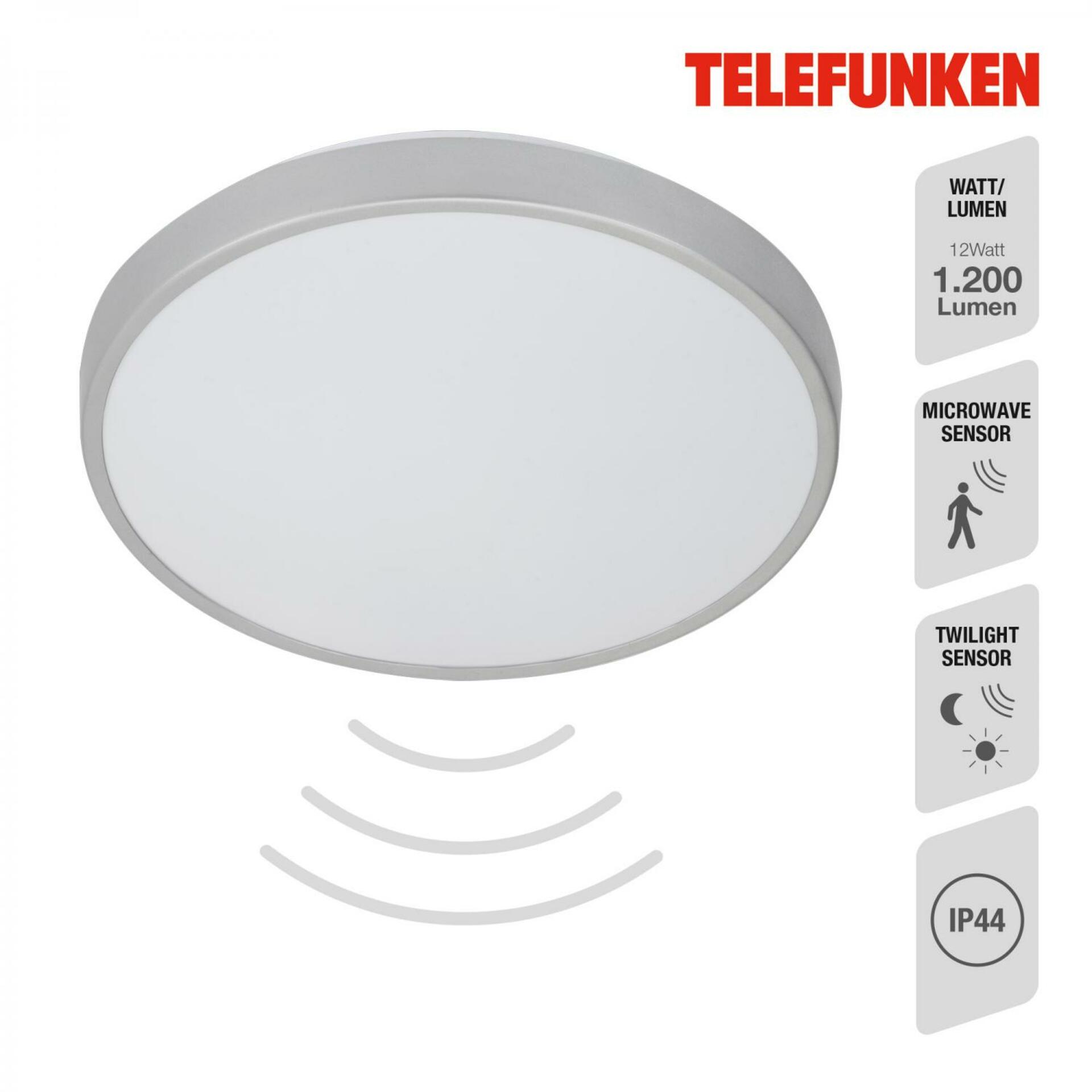 BRILONER TELEFUNKEN LED stropní svítidlo s čidlem, pr. 29 cm, 12 W, bílé-titan IP44 TF 601604TF