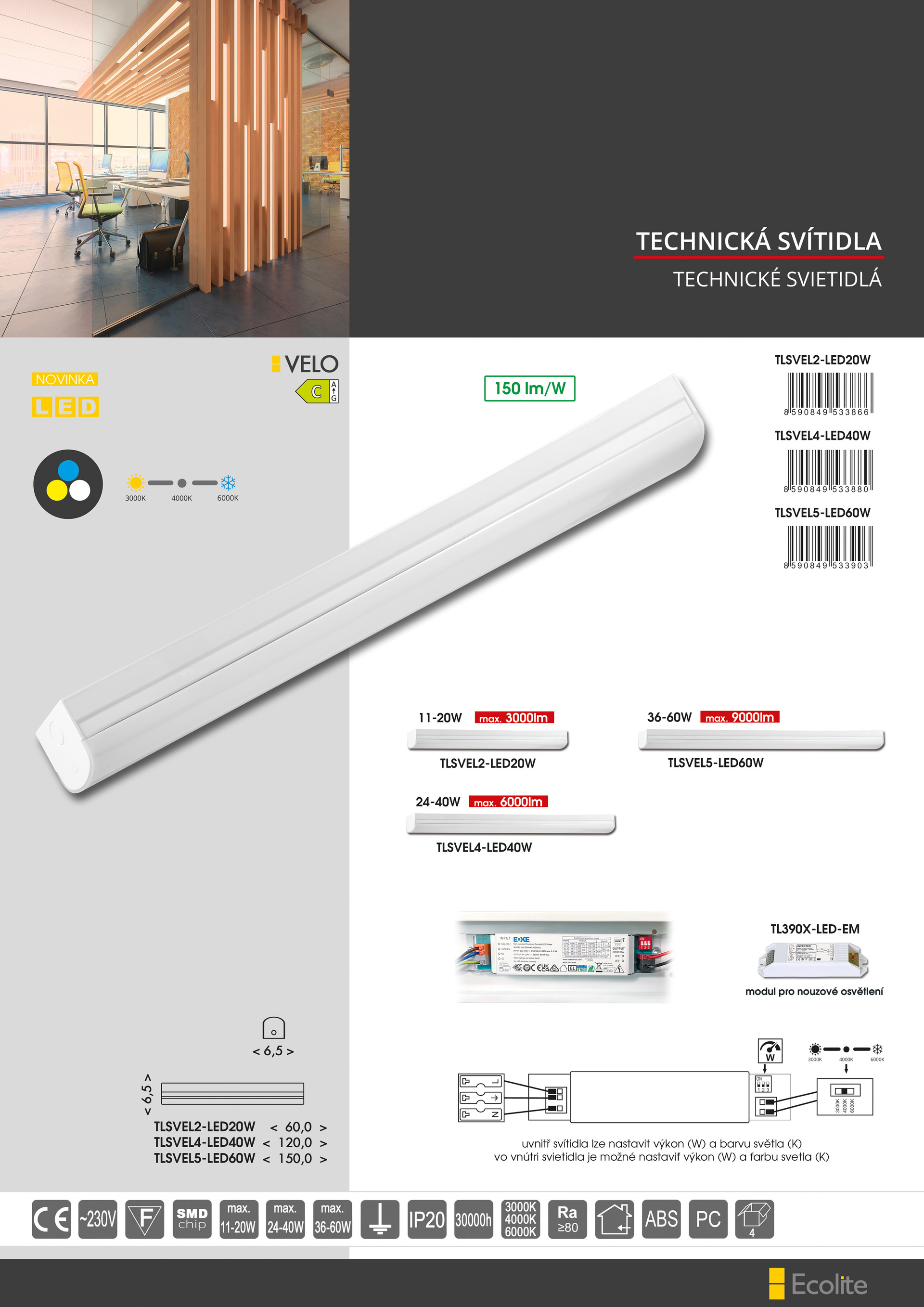 Ecolite Stmív. LED sv. 36-60W, max.9000lm, CCT, IP20 TLSVEL5-LED60W