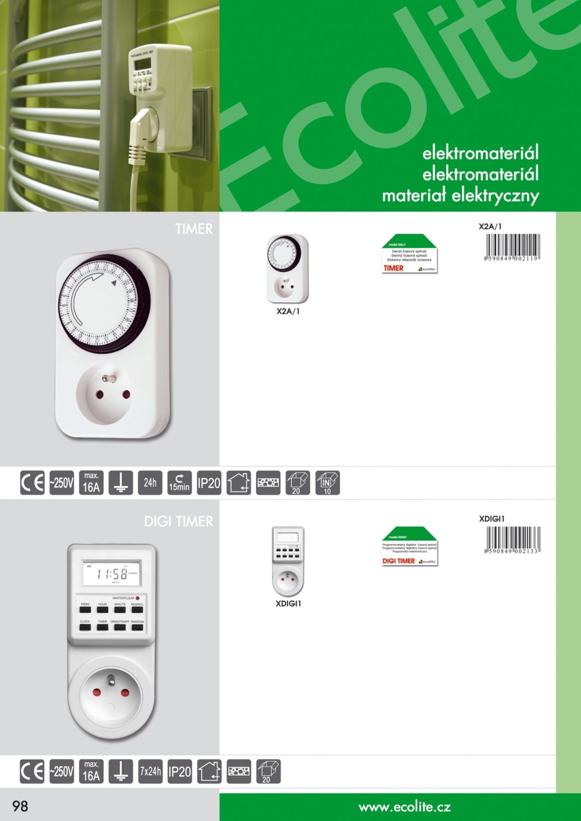 Ecolite Časový spínač 24hod, min 15min, max.16A, IP20 X2A/1