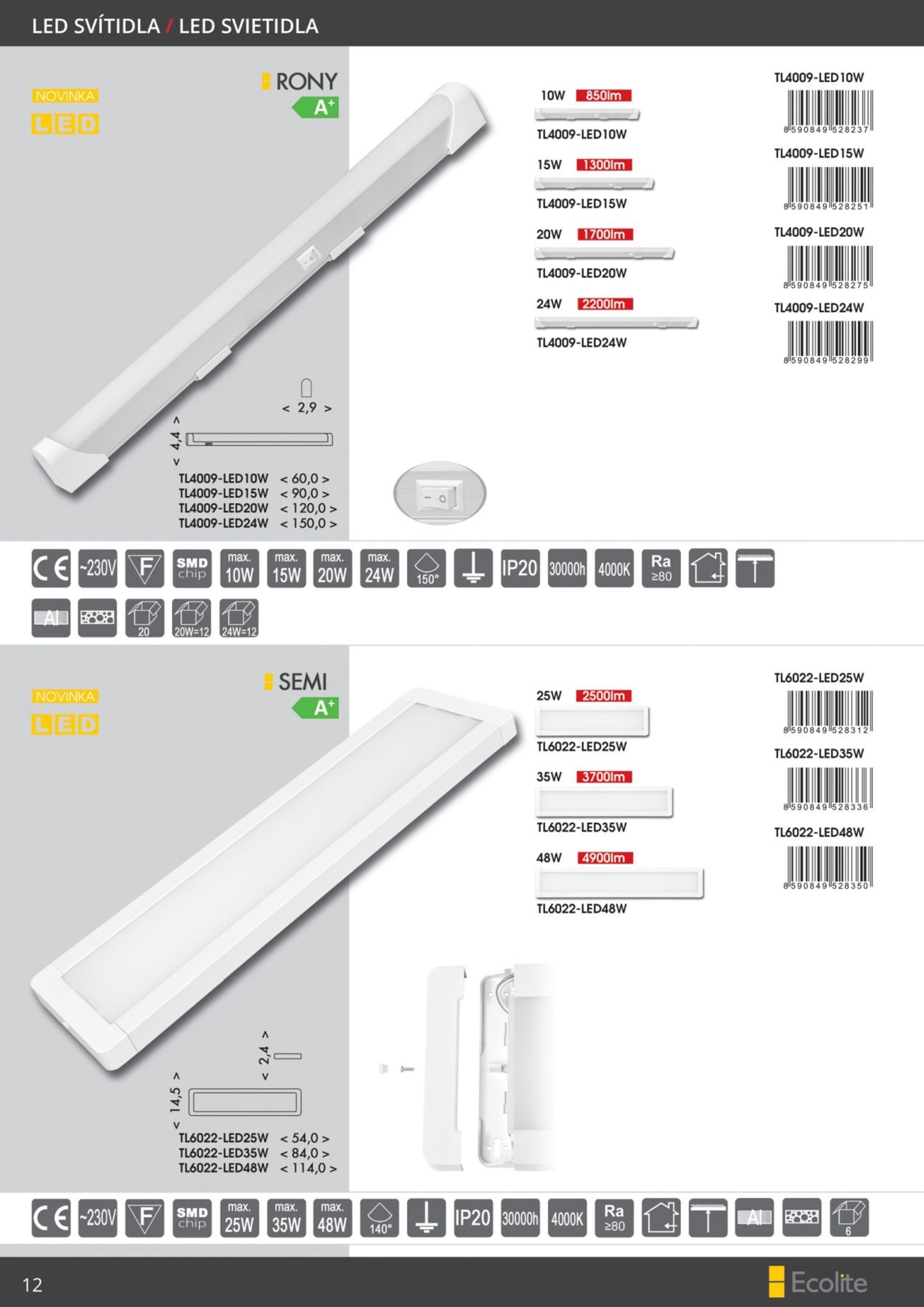 Ecolite LED sv. stropní 48W, 4900lm, PC opál. kryt, IP20 TL6022-LED48W