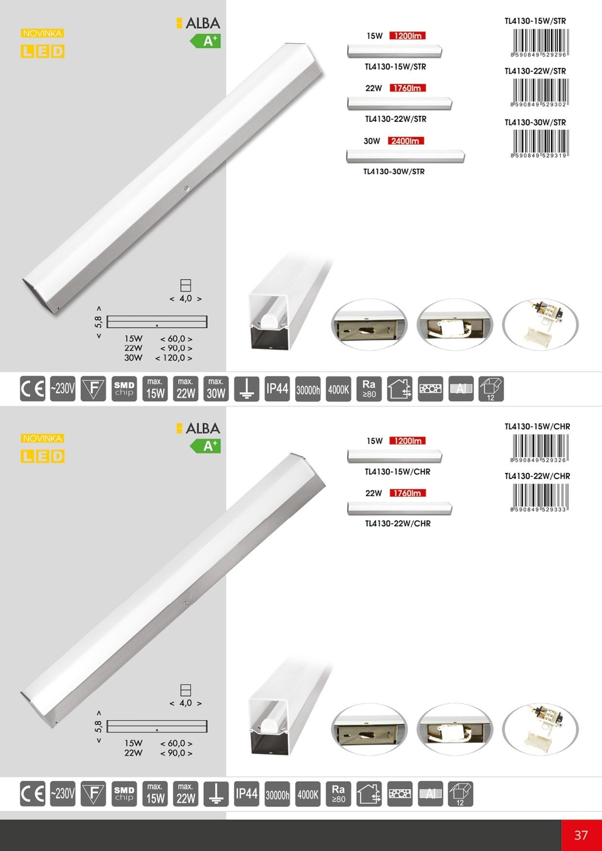 Ecolite LED sv. 15W, 1200lm, 60cm, IP44, 4000K, stříbrná TL4130-LED15W/STR