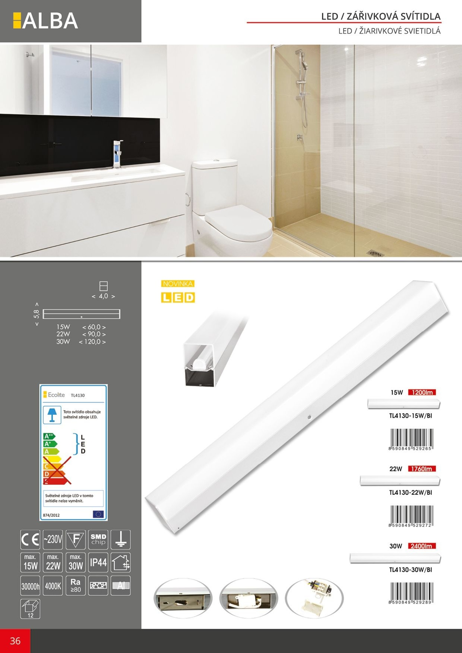 Ecolite LED sv. 30W, 2400lm, 120cm, IP44, 4000K, bílá TL4130-LED30W/BI