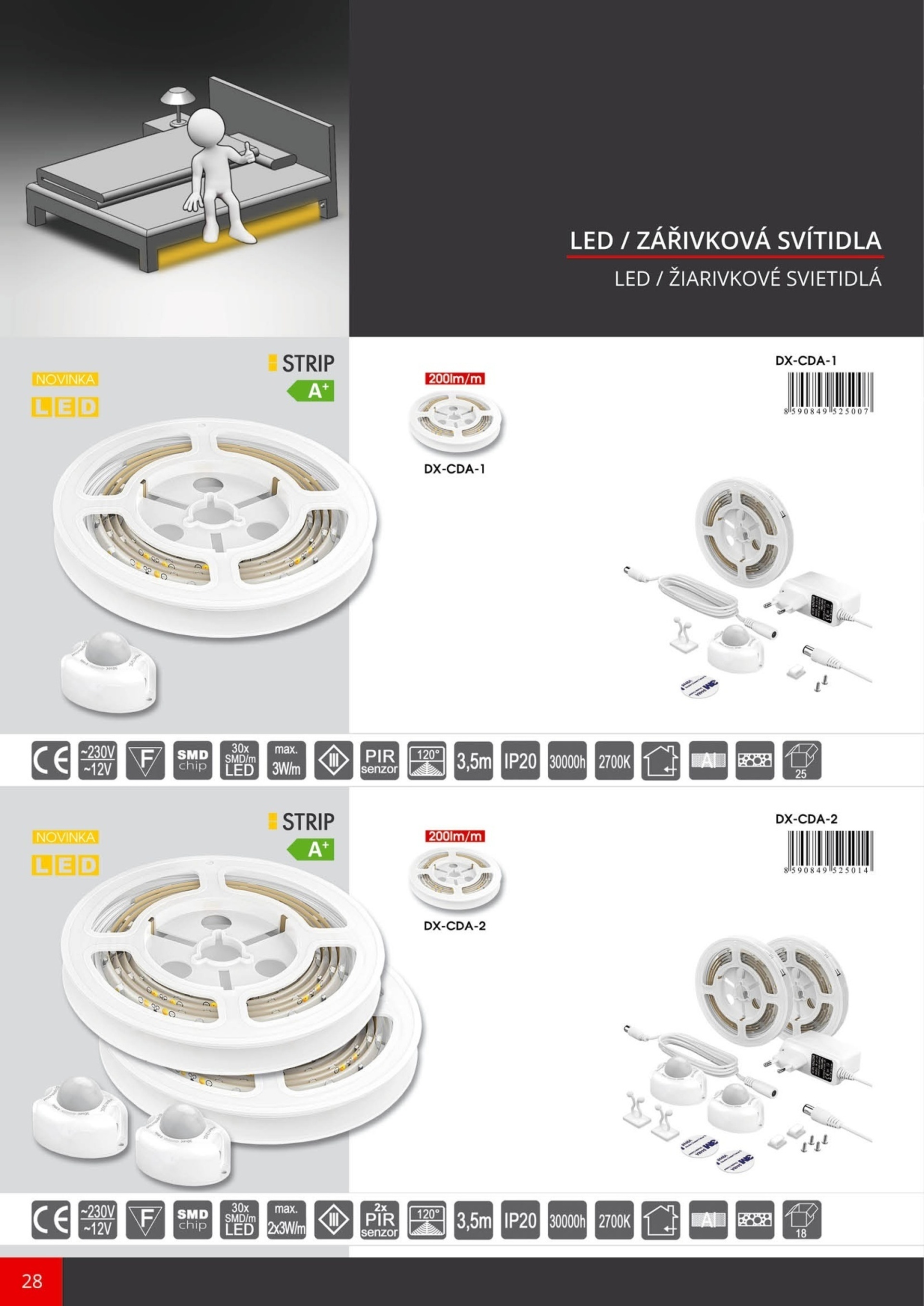 Ecolite LED pásek pod 2 lůžka vč.2 senz., 2x120cm, 3W/200lm, 2700K DX-CDA-2