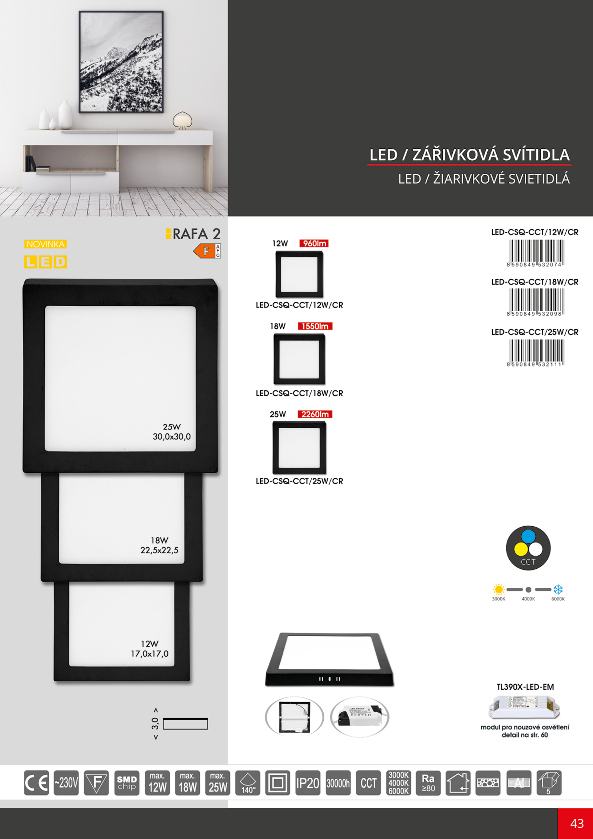 Ecolite SMD panel přisaz.30x30cm, 25W, CCT, IP44, 2260lm LED-CSQ-CCT/25W/CR