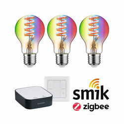 PAULMANN Startovací sada Smart Home Zigbee 3.0 LED žárovka Gateway + Filament 230V LED žárovka E27 RGBW + vypínač