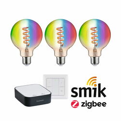 PAULMANN Startovací sada Smart Home Zigbee 3.0 LED žárovka Filament G95 RGBW + Gateway + vypínač