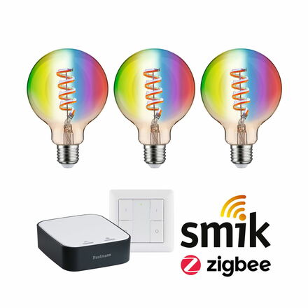 PAULMANN Startovací sada Smart Home Zigbee 3.0 LED žárovka Filament G95 RGBW + Gateway + vypínač