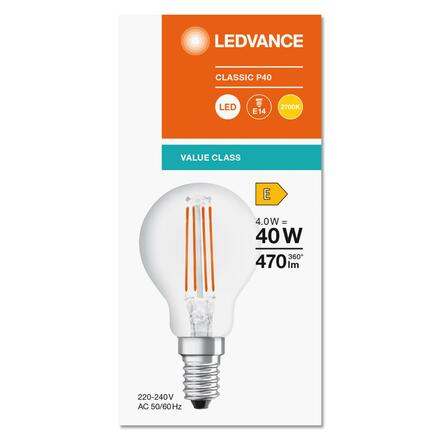 LEDVANCE LED CLASSIC P 40 V 4W 827 FIL CL E14 4099854069024