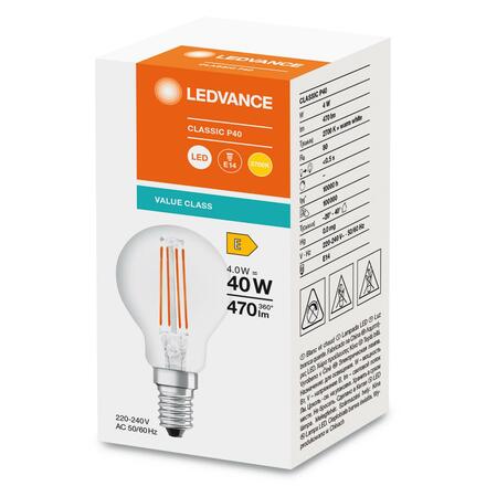 LEDVANCE LED CLASSIC P 40 V 4W 827 FIL CL E14 4099854069024