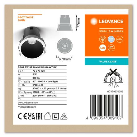 LEDVANCE zapuštěné svítidlo Spot Twist 70mm 5W 4000K bílá/černá 4099854089107