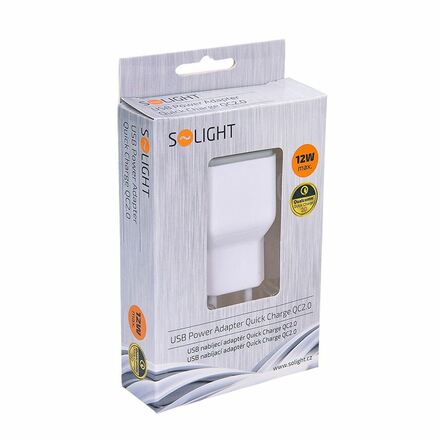 Solight USB nabíjecí adaptér, fast charge: 1x USB Qualcomm, 5V2A/9V1.5A/12V1A, AC 230V, bílošedý DC51