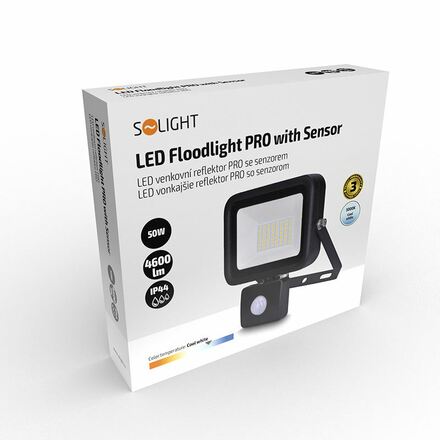 Solight LED reflektor PRO se senzorem, 50W, 4600lm, 5000K, IP44 WM-50WS-L