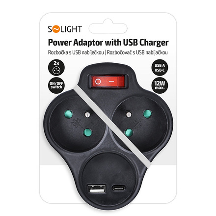 Solight rozbočka s USB A+C nabíječkou, 2 x 10A, černá, vypínač P99USBC-B