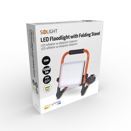 Solight LED reflektor se sklopným stojanem, 50W, 4500lm, 4000K, kabel se zástrčkou, IP65 WM-50W-FEQ