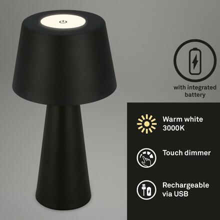 BRILONER LED nabíjecí stolní lampa pr.16,5 cm 3,5W 400lm černá IP44 BRILO 7437015