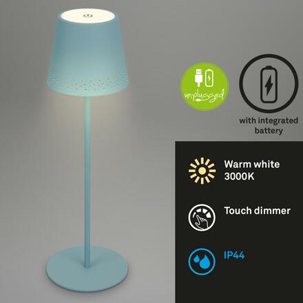 BRILONER LED nabíjecí stolní lampa 38 cm 2,6W 280lm tyrkysová IP44 BRILO 7438-010