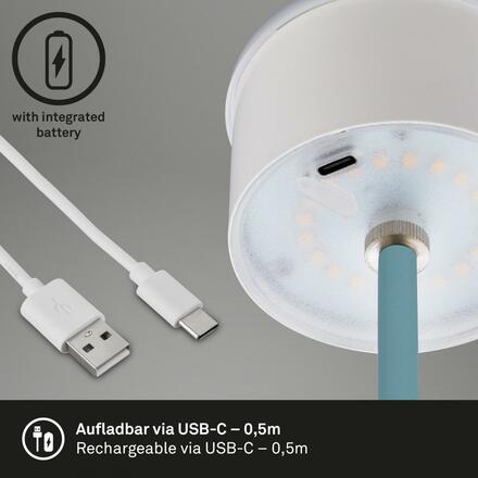 BRILONER LED nabíjecí stolní lampa 38 cm 2,6W 280lm tyrkysová IP44 BRILO 7438-010