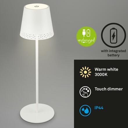 BRILONER LED nabíjecí stolní lampa 38 cm 2,6W 280lm bílé IP44 BRILO 7438-016