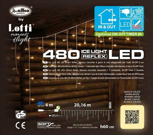 XmasKing LED krápník 20,16x0,6m 480 LED, 24V, 8 programů, venkovní, teplá bílá rampouchy