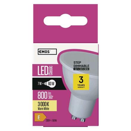 EMOS LED žárovka Classic MR16 / GU10 / 7 W (60 W) / 800 lm / teplá bílá / stmívatelná ZQ8155S