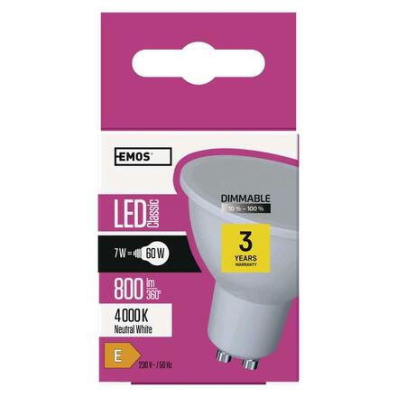 EMOS LED žárovka Classic MR16 / GU10 / 7 W (60 W) / 800 lm / neutrální bílá / stmívatelná ZQ8255D