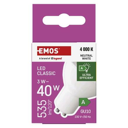 EMOS LED žárovka Classic MR16 A CLASS/ GU10 / 3 W (40 W) / 535 lm / neutrální bílá ZQ8338