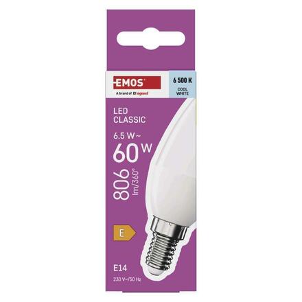 EMOS LED žárovka Classic svíčka / E14 / 6,5 W (60 W) / 806 lm / studená bílá ZQ3E44