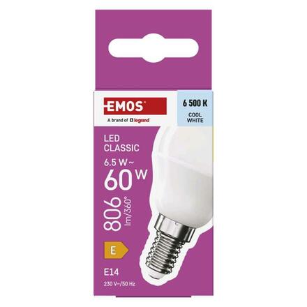 EMOS LED žárovka Classic Mini Globe / E14 / 6,5 W (60 W) / 806 lm / studená bílá ZQ1E44