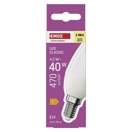 EMOS LED žárovka Classic svíčka / E14 / 4,2 W (40 W) / 470 lm / teplá bílá ZQ3E21