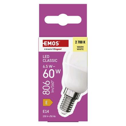 EMOS LED žárovka Classic Mini Globe / E14 / 6,5 W (60 W) / 806 lm / teplá bílá ZQ1E41