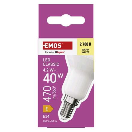 EMOS LED žárovka Classic R50 / E14 / 4,2 W (40 W) / 470 lm / teplá bílá ZQ7E21