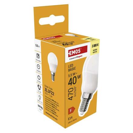 EMOS LED žárovka Basic Mini Globe / E14 / 5,5 W (40 W) / 470 lm / teplá bílá ZL1F22