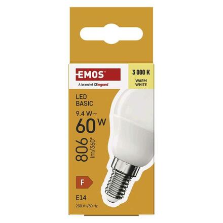 EMOS LED žárovka Basic Mini Globe / E14 / 9,4 W (60 W) / 806 lm / teplá bílá ZL1F42