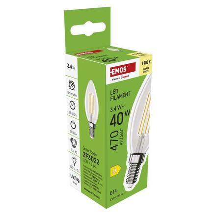 EMOS LED žárovka Filament svíčka / E14 / 3,4 W (40 W) / 470 lm / teplá bílá ZF3D22