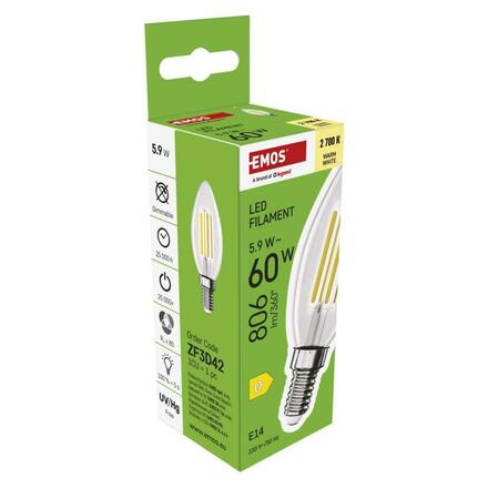 EMOS LED žárovka Filament svíčka / E14 / 5,9 W (60 W) / 806 lm / teplá bílá ZF3D42