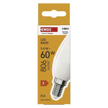 EMOS LED žárovka Basic svíčka / E14 / 9,4 W (60 W) / 806 lm / neutrální bílá ZL3F43