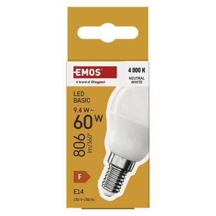 EMOS LED žárovka Basic Mini Globe / E14 / 9,4 W (60 W) / 806 lm / neutrální bílá ZL1F43